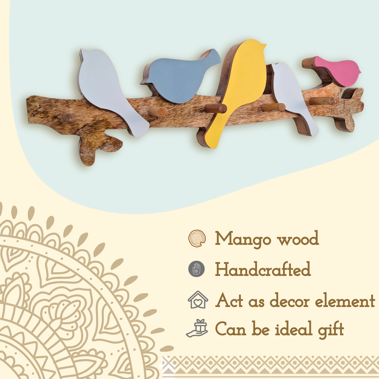 Wooden Keyholder 5 Birds, Cute and Elegant Design