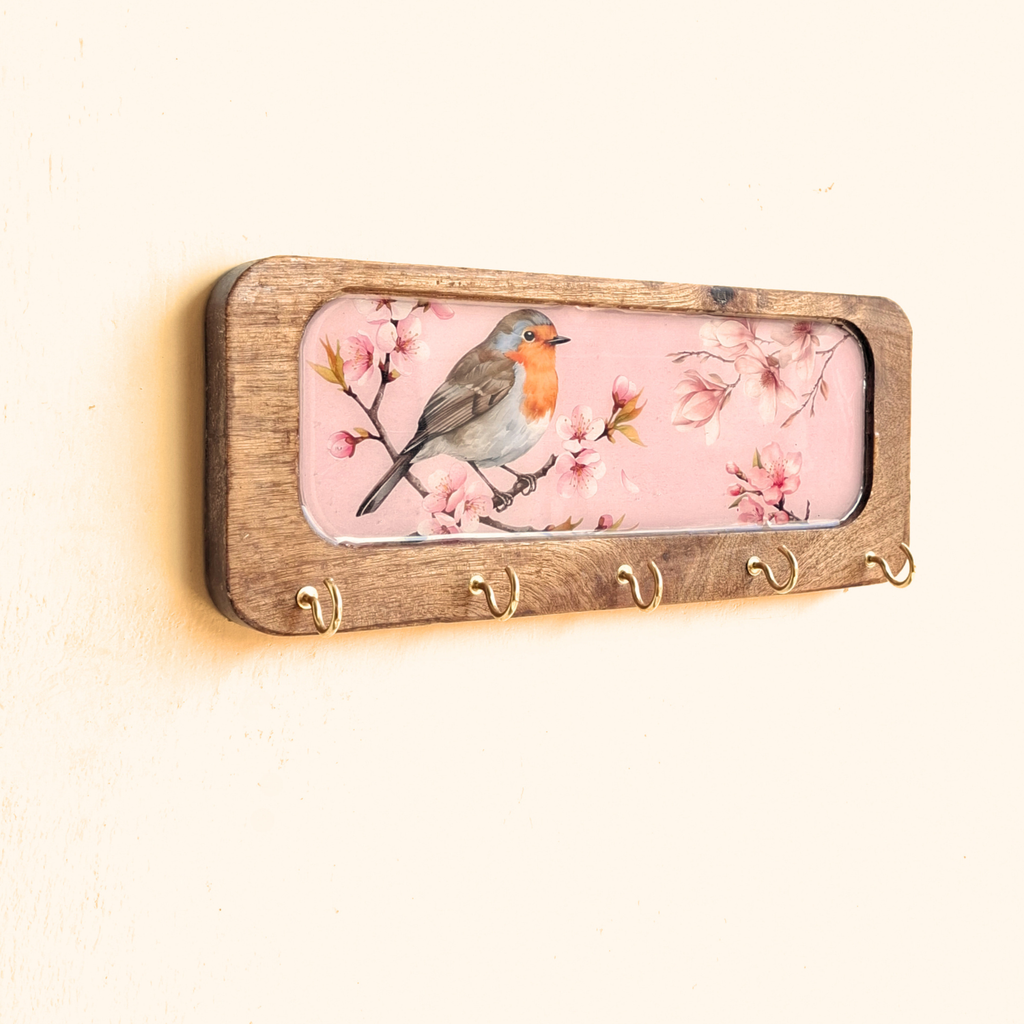 Pink Bird Wooden Keyholder