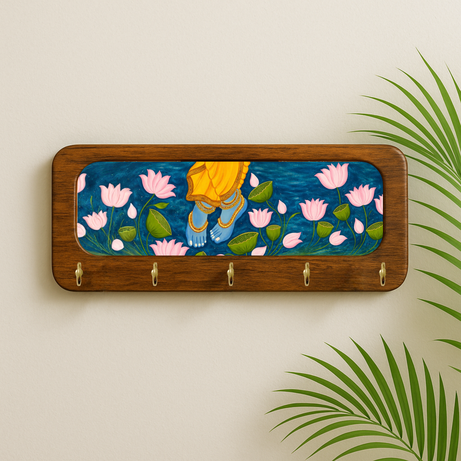 Krishna Ji Charan Wooden Keyholder