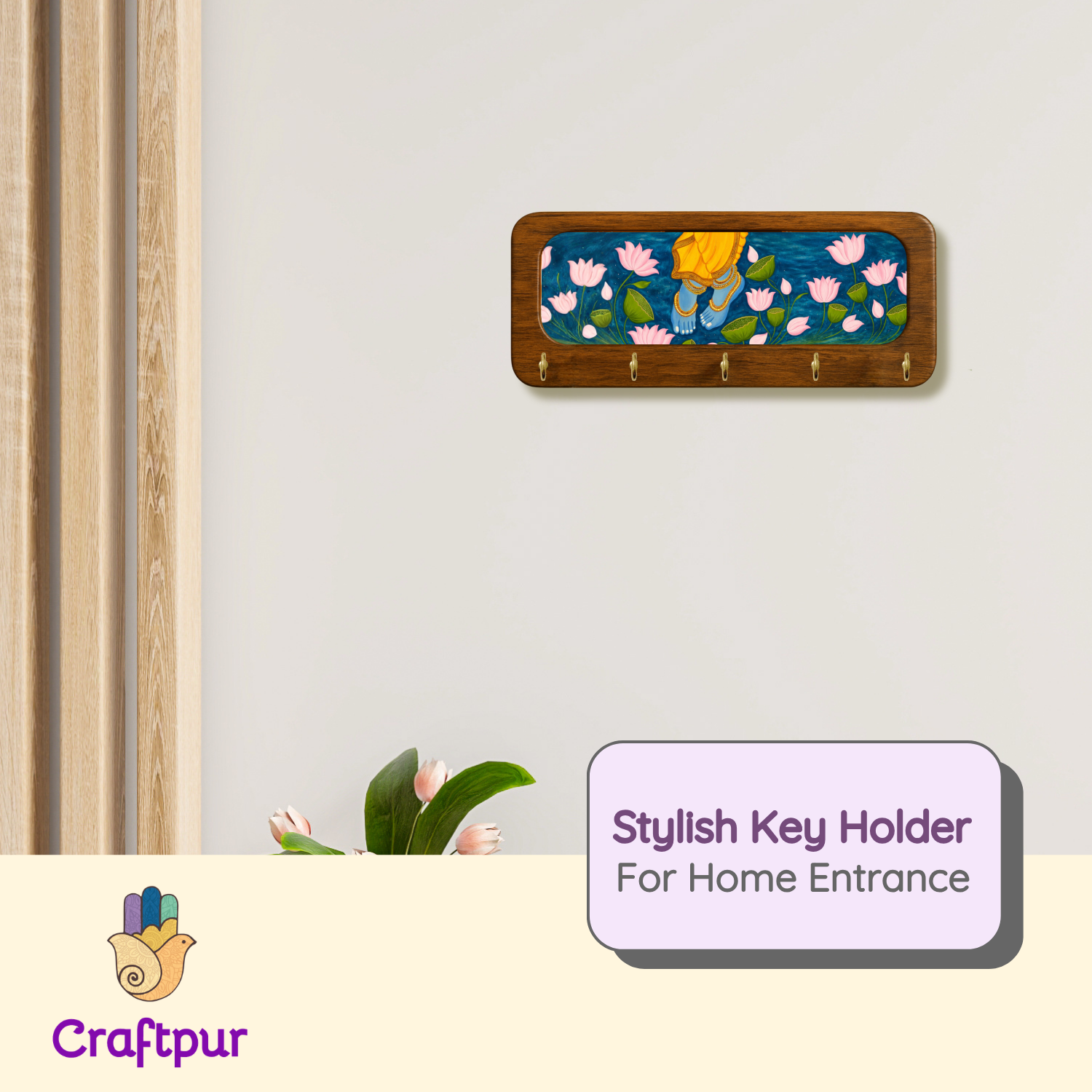 Krishna Ji Charan Wooden Keyholder