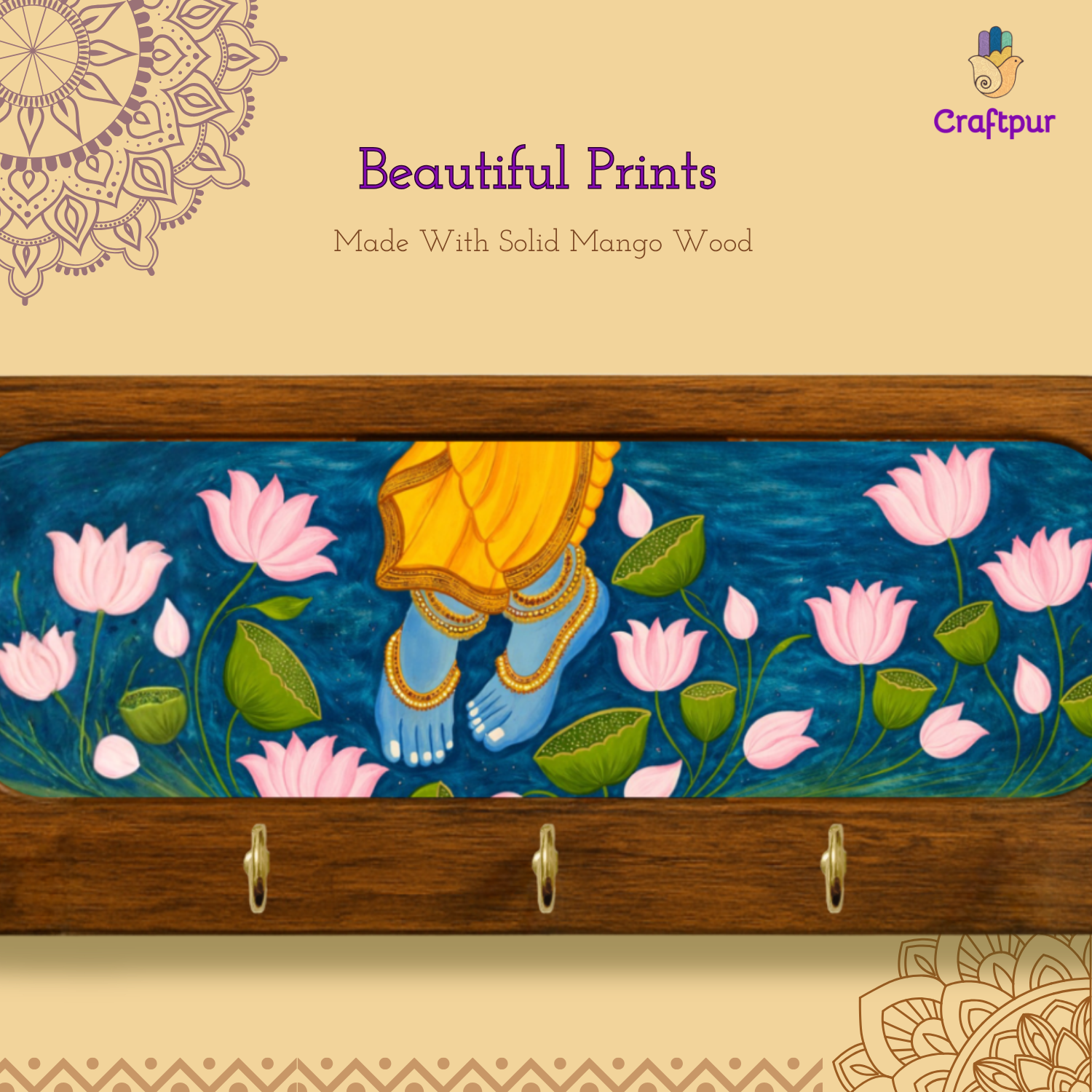 Krishna Ji Charan Wooden Keyholder