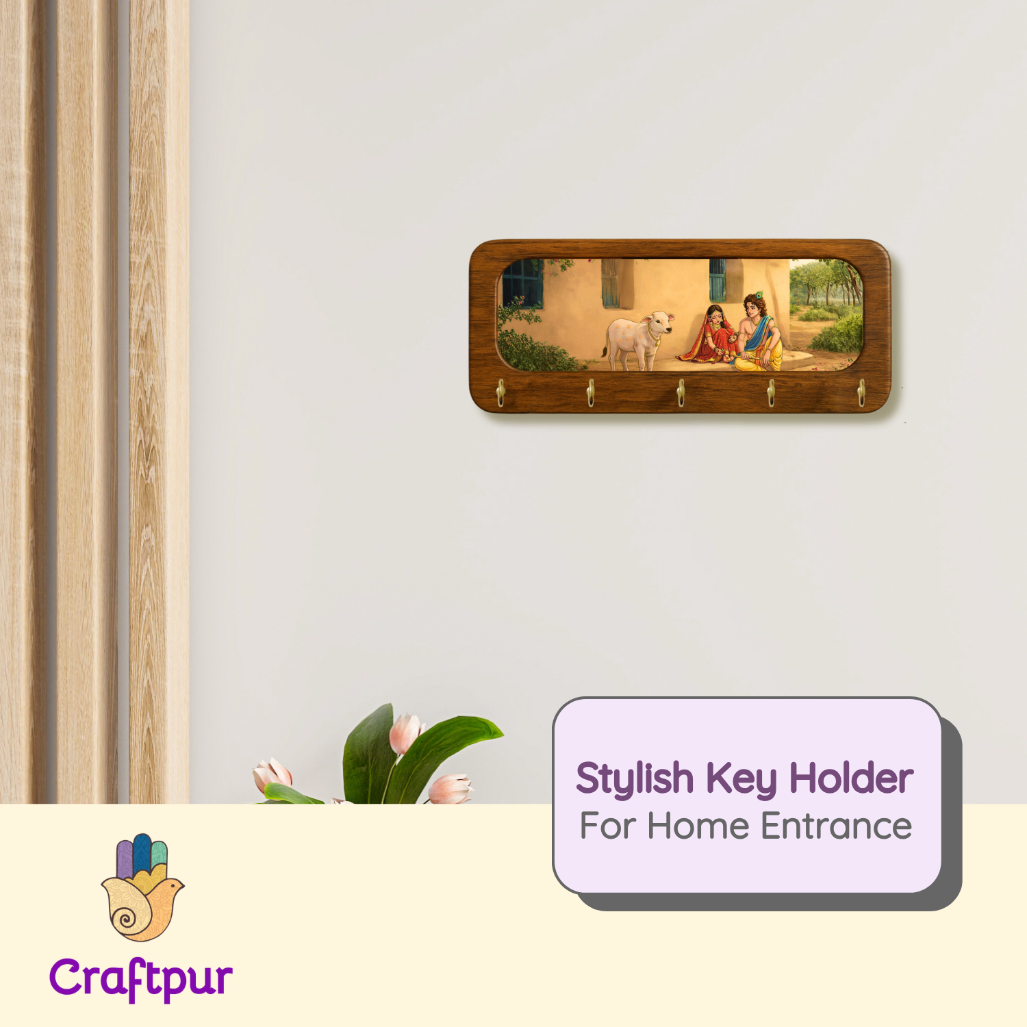 Radha Krishna Ji Home Wooden Keyholder