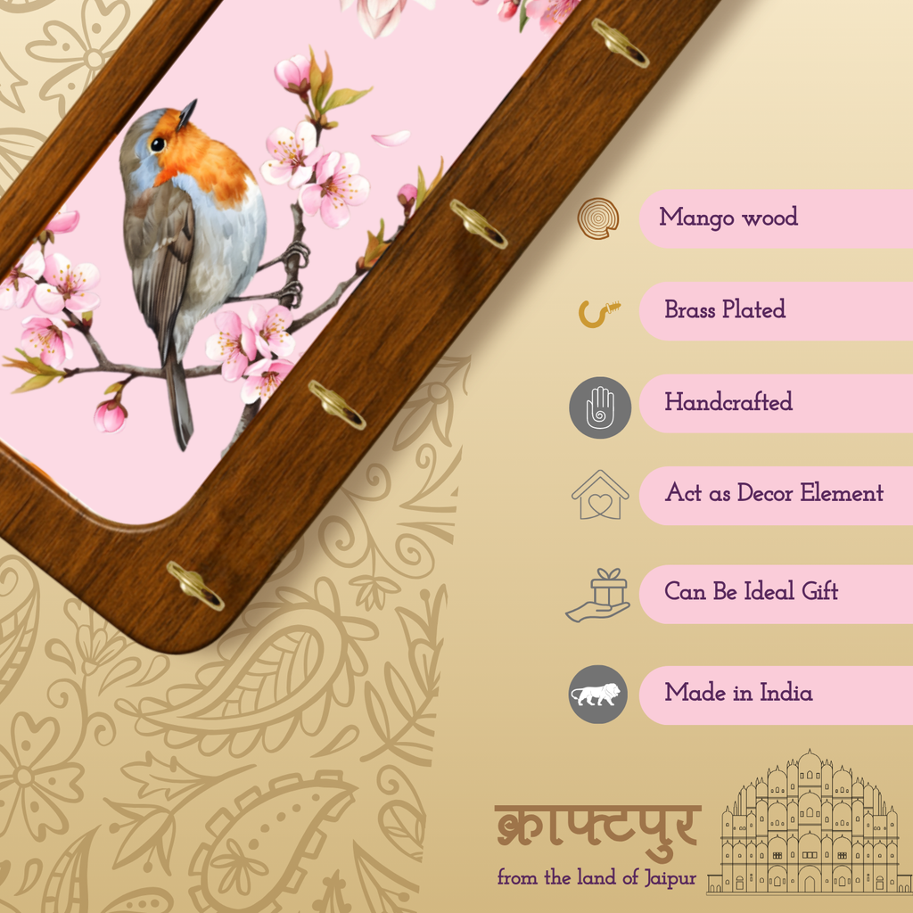 Pink Bird Wooden Keyholder
